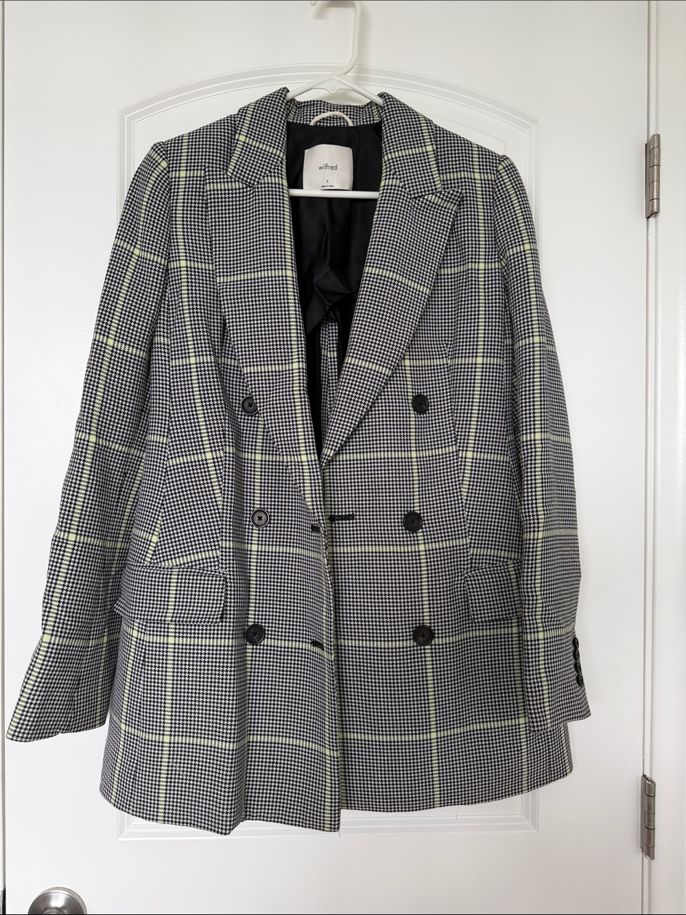 Aritzia Double-Breasted Plaid Blazer in Black, White & Yellow
